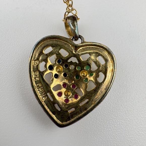 Sterling Silver 925 Gold Tone Heart Pendant Necklace Flower Stones 18in - Picture 5 of 10